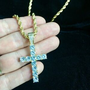 NEW 18K GOLD ROPE CHAIN CROSS LAB DIAMONDS PENDANT NECKLACE MADE IN ITALY
